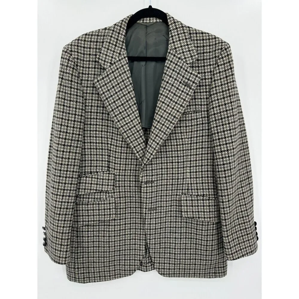MICHAEL NOVARESE Vintage Beige Black Houndstooth 100% Wool Blazer Size 42R